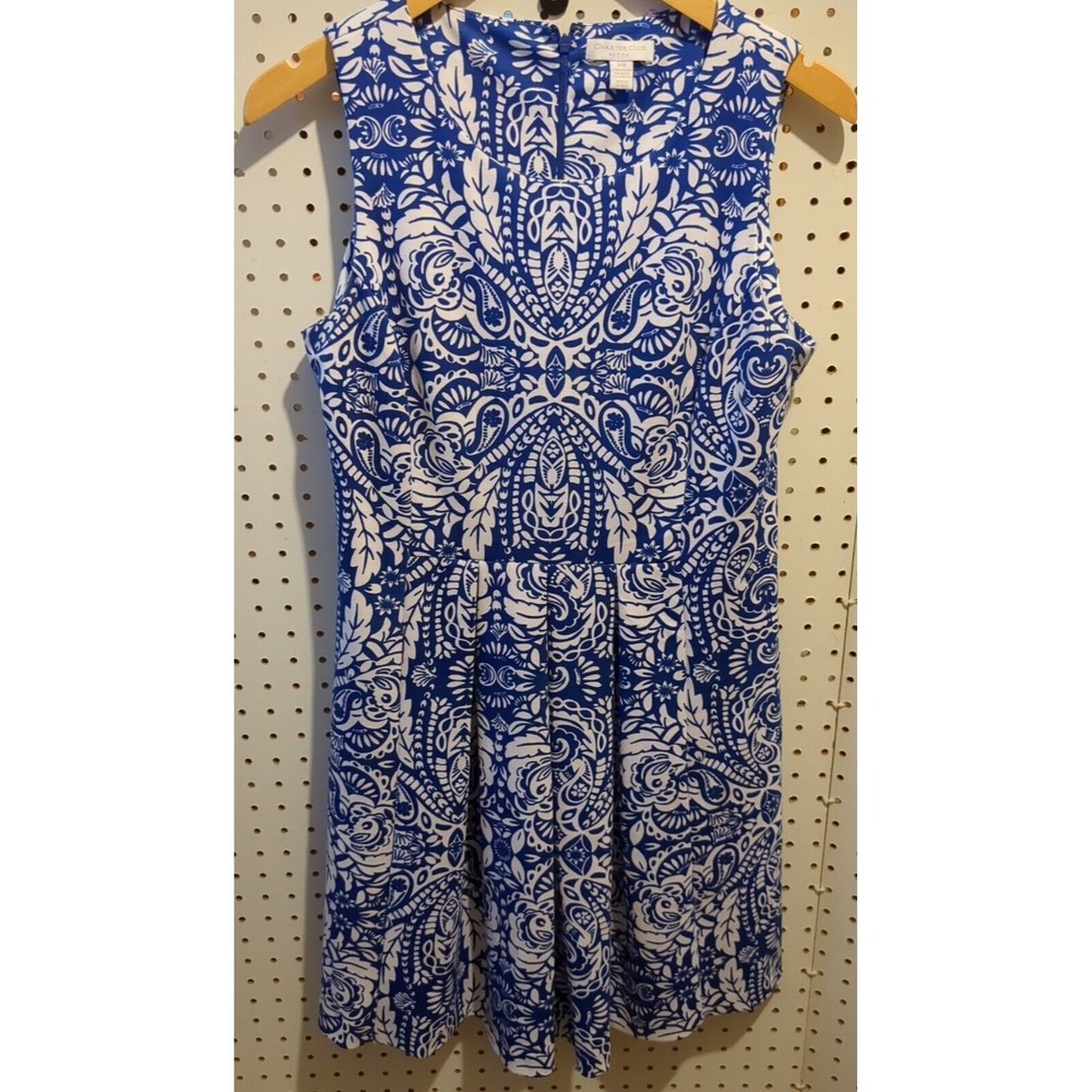 Charter Club Petite Blue White Floral Sleeveless Dress Medium Pleated Zip